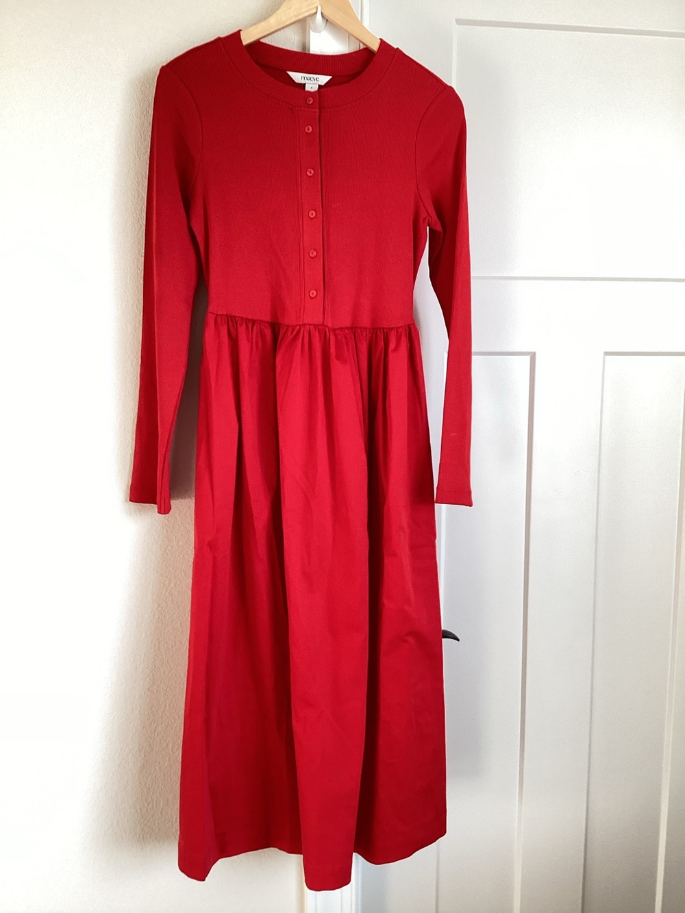 Anthropologie Long Sleeve Dress Crew Neck Twofer Button Front Midi New Small Red - Picture 4 of 12
